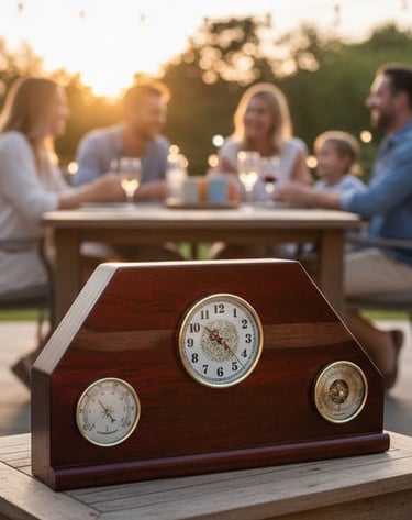 A wooden weather station with clock and barometer on an outdoor patio table during a sunset dinner.