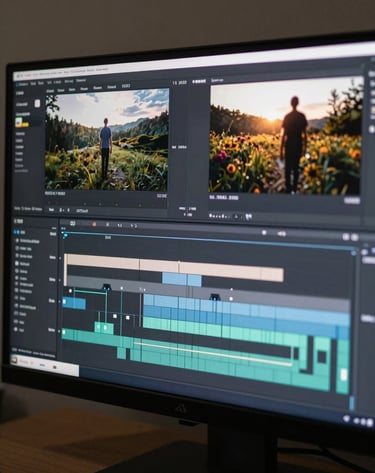 A professional photography shot of a high-resolution monitor showing a complex video editing timeline with various layers, reflecting off-white and muted teal colors.