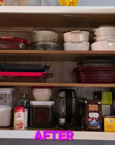 After: Kitchen cabinet organized with categorized items and easy access