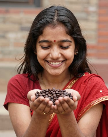 Smiling woman holding a ripe red coffee cherry in a lush organic coffee plantation.