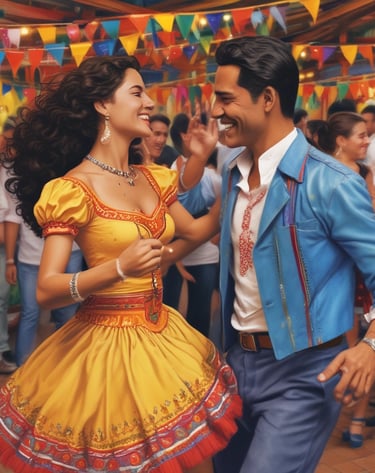 A lively traditional dance festival in Medellín with dancers in bright costumes.