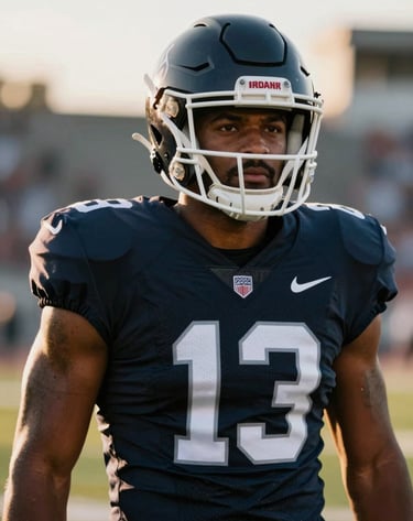 A professional sports portrait of the running back without a helmet, showing a confident and leadership-oriented gaze. Background is a stadium during golden hour. The colors are crisp, emphasizing the athlete's professionalism and focus.