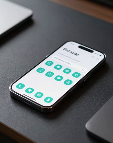 A sleek, modern smartphone resting on a minimal dark desk, showcasing a custom-designed mobile interface with clean typography and teal icons. Professional photography with soft, natural light.