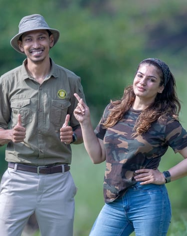 Private celebrity safari naturalist Bandhavgarh India with Ashish Tirkey hosting actress Raveena Tandon