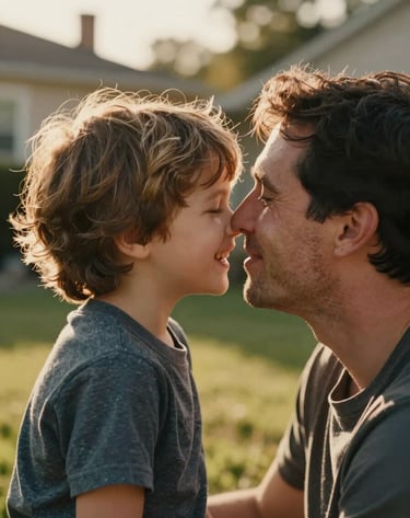 A close-up photography shot of a parent and young child sharing a secret and laughing in a sun-lit backyard, North American / US suburban setting. Authentic emotions, warm golden hour glow, cinematic and personal feel.