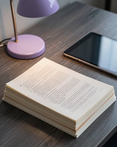 A detailed shot of a stack of original manuscripts and a modern tablet on a dark grey mahogany desk. The scene is illuminated by a soft lavender desk lamp, reflecting a North American executive office setting with an unconventional, creative atmosphere.