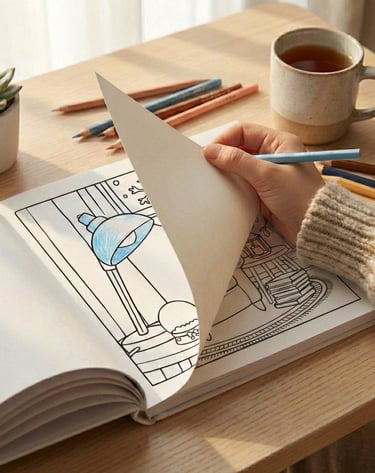 Hand turning a page in an adult coloring book next to a succulent and tea cup.