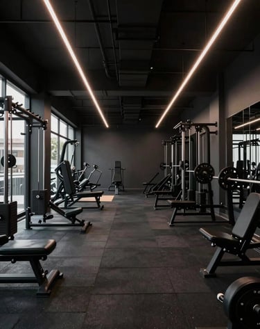 A cinematic wide shot of a designer gym interior in Sydney. The style is moody and sophisticated, using black and grey tones with a subtle soft orange accent from a singular neon light. Professional photography, wide-angle lens.