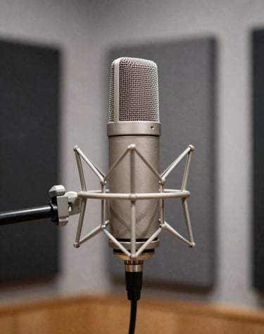 A professional studio microphone in a contemporary Latin American / Spanish recording booth. The background is blurred, showing Slate Grey acoustic panels and a clean, sophisticated atmosphere.