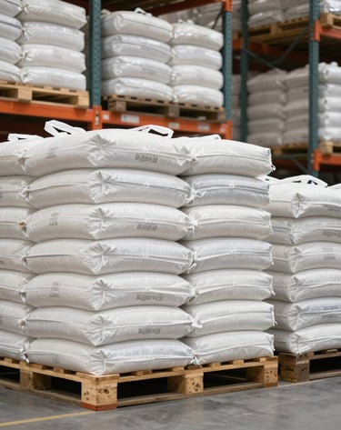 Stacks of packaged dolomite bags ready for shipment in a warehouse.