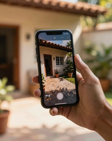 A person's hand holding a smartphone in a sunny outdoor patio in Brazil. The screen shows a high-definition 4K security feed of the property entrance. The lighting is warm and welcoming.