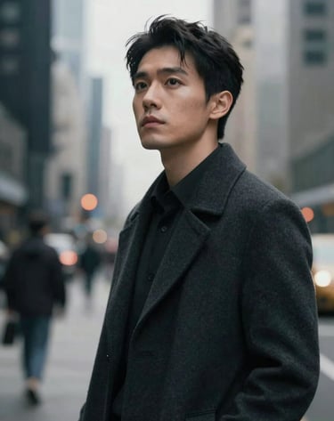 A cinematic, moody portrait of a professional copywriter in a dark coat, looking away from the camera in a modern city setting. Subtle highlights of #F8F6F2 contrast with shadows in #3A3F3B.