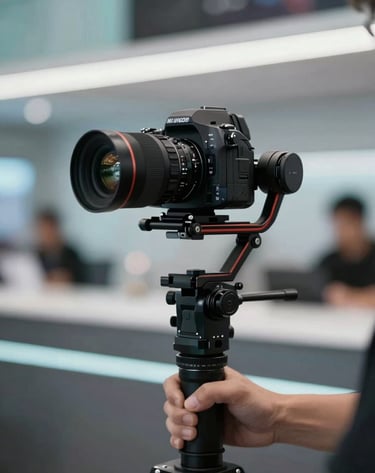 An action shot of a professional camera on a gimbal during a high-speed movement. The background is a blurred luxury interior with accents of #ECF0F1 and #95A5A6. The focus is sharp on the equipment, conveying a sense of technical mastery and professional videography.