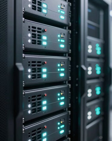 A side view of a modern server rack inside a secure data center. The scene is illuminated by small, glowing status lights in frost white and muted sea teal. The background is blurred to emphasize the hardware complexity.