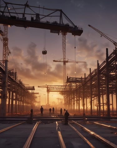 Construction materials stacked at a bustling European site.