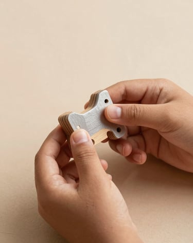 Macro photography of a South American / Brazilian child's hands gently holding a small wooden toy. The color palette features Warm Taupe and Silver Sand. Soft, artistic shadows and a clean, minimalist aesthetic.