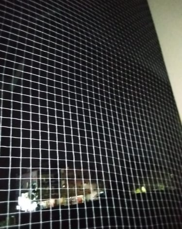 Detail of the netting material stretched tightly to prevent pigeons from entering.