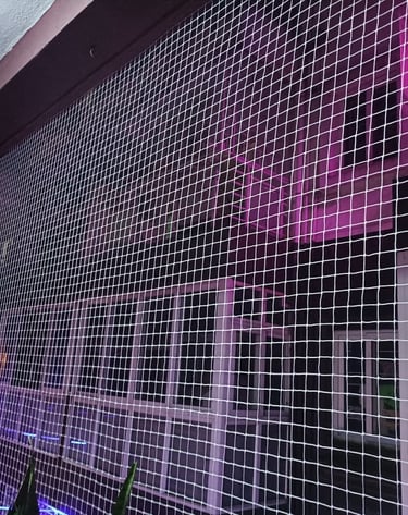 Side angle showing the neat installation of pigeon nets on a high-rise balcony on Altamount Road.
