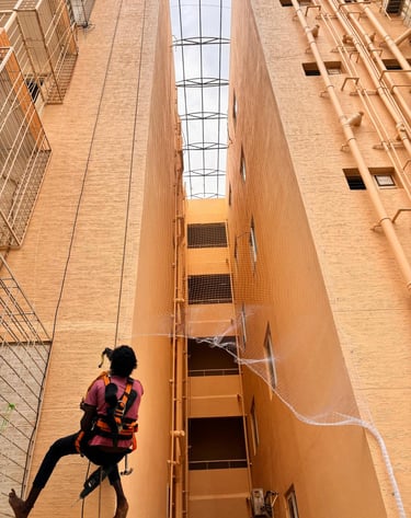 Technician from Arjilli Enterprises carefully fitting a safety net on a residential balcony.