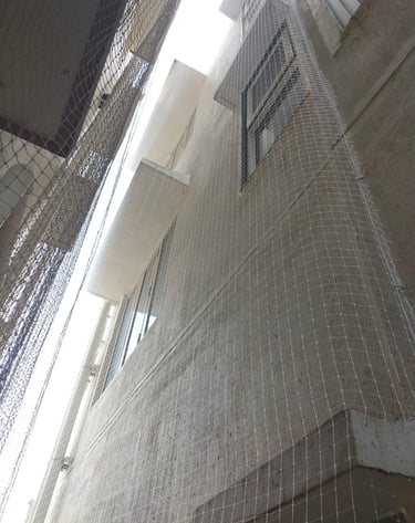 Technician from Arjilli Enterprises installing a durable mesh net over an apartment duct area.