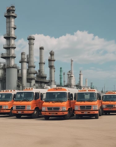 Fuel delivery trucks lined up at a logistics center under a clear sky.
