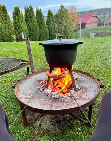 Żeliwny kociołek nad płonącym ogniskiem. Rodzinna multiagencja ubezpieczeniowa na biwaku.