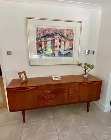 Jentique Mid-Century Modern teak sideboard, restored vintage design with classic British craftsmanship.