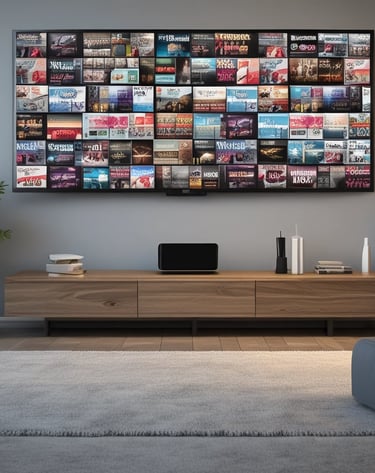 Rows of smart home devices neatly arranged on a shelf with soft lighting.