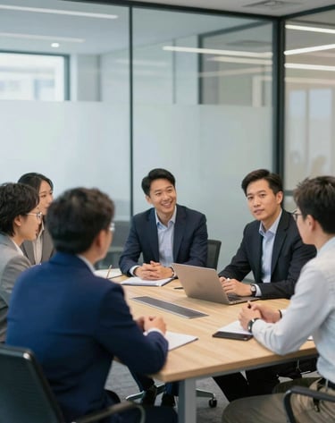 A candid, sophisticated photo of professionals engaged in a venture capital or startup strategy meeting in a modern glass office. Incorporate colors #0A1128, #1E3F66, #E2B941, and #F5F8FA.