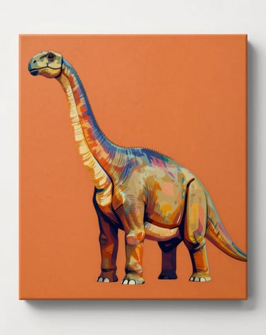 A square acrylic painting of a Brachiosaurus with a long neck curving across the frame, styled with pop-art neon outlines and flat blocks of color using #C6B29B and #D87D51.