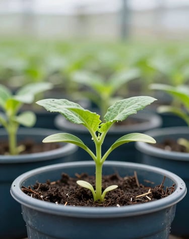 A close-up shot of vibrant green seedlings emerging from Dark Slate Blue ceramic pots in a North American / US greenhouse. The lighting is bright and airy, emphasizing growth and sustainability.