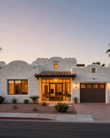 Modern Spanish colonial revival home with white stucco walls, terracotta roof tiles, and desert landscaping at dusk.
