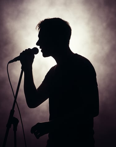 A medium shot of a vocalist’s silhouette on stage against a backdrop of hazy misty white light. The atmosphere is authoritative and artistic, with subtle deep mauve tones in the shadows.