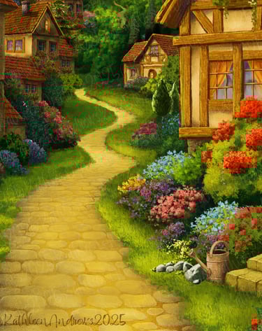 Children's book whimsical cat fairytale village sunny blooms flowers illustration artwork art