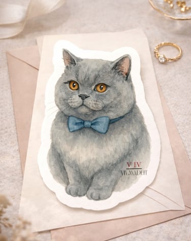 Watercolor grey British Shorthair cat sticker with a blue bowtie on a wedding invitation.