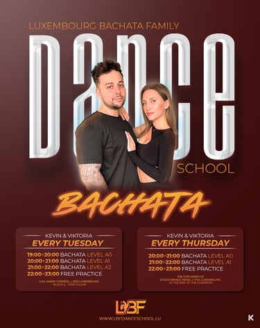 Luxembourg Bachata Family dance school schedule featuring Kevin and Viktoria with weekly class times and locations.