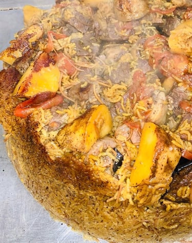 maqluba delicious seasoned rice with meat, potatoes, eggplant