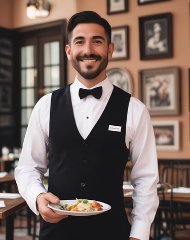 A person dressed in a white uniform and cap stands indoors, holding a towel over their arm. The background shows a dining area with wooden booths and a few people seated. The walls are decorated with framed photos and there is a mix of light and dark wood furnishings.