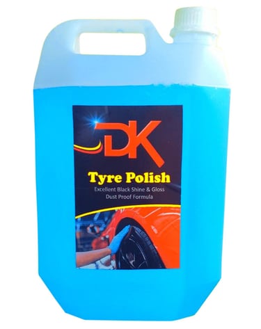 1. A 5-liter container of DK Tyre Polish, designed for enhancing and protecting vehicle tires. 2. DK Tyre Polish in a 5-lite