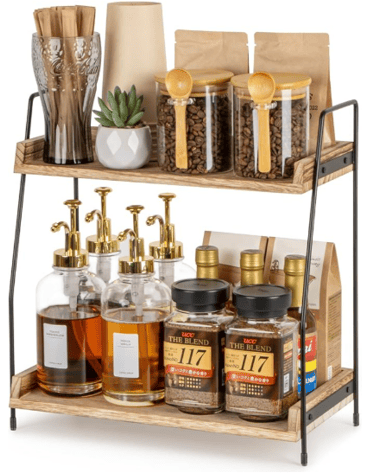 wooden coffee stand with assorted coffee essentials on it