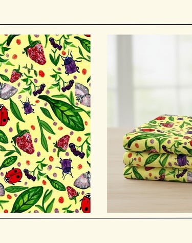 a bed sheet set with a lady buggy on it