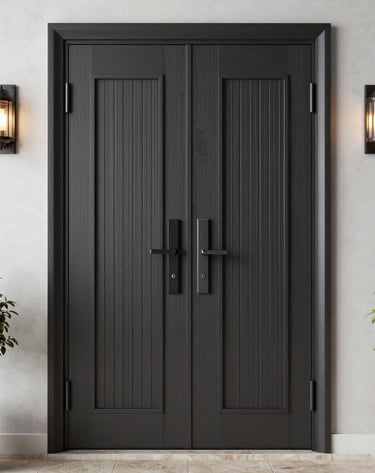 Detailed view of a reinforced door frame being adjusted by a skilled carpenter.