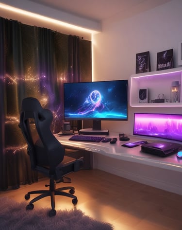 A row of high-end gaming computers on sleek desks, featuring RGB lighting and gaming accessories. The computers are housed in transparent cases with visible components, emitting a red glow. Comfortable gaming chairs with ergonomic design are positioned next to the desks, and the room's ceiling is modern with recessed lighting.