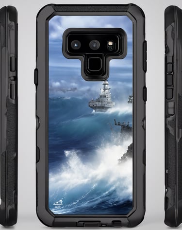 A close-up view of technology devices including a black tablet with a prominent logo, a white smartphone, a camera lens, and a stylus on a white surface.