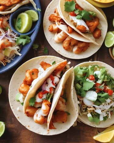A close-up view of a taco filled with ingredients like lettuce, corn, shredded cheese, pickled onions, and a drizzle of white sauce on top. The taco shell is partially visible, with additional tacos blurred in the background.