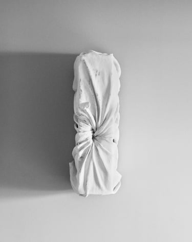 a white sculpture. Nail inside foam covered in plastered fabric.