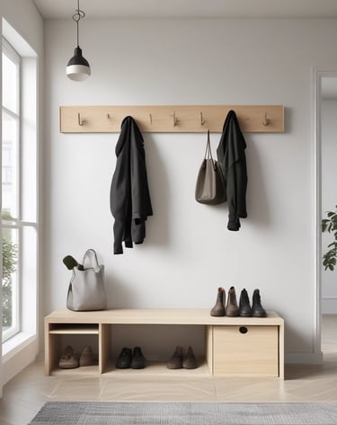 A neatly organized shelf displays a variety of wooden and woven kitchen and home decor items. The arrangement includes baskets, bowls, utensils, and decorative bags, surrounded by natural elements like leafy plants. The ambiance gives off a rustic and earthy feel.