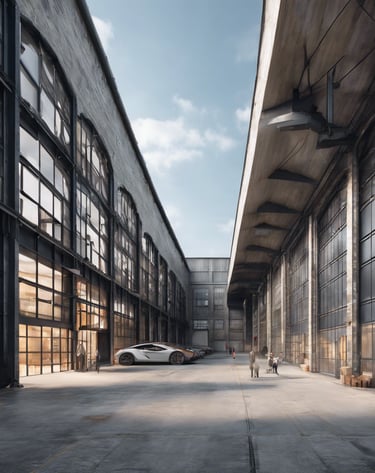 A brick building with a sign for the Department of Mechanical Engineering is situated in an open area. There is a white car parked in front of the building. The structure has multiple windows and a covered entrance. Power lines and a pole are visible on the right, with some trees in the background. The sky is clear with few clouds, indicating sunny weather.