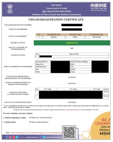Udyog Aadhaar / MSME
