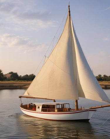 A sailboat glides across a sunlit ocean, casting a shimmering reflection on the water. A Greek flag flutters from a nearby vessel, suggesting a coastal location under a clear sky.